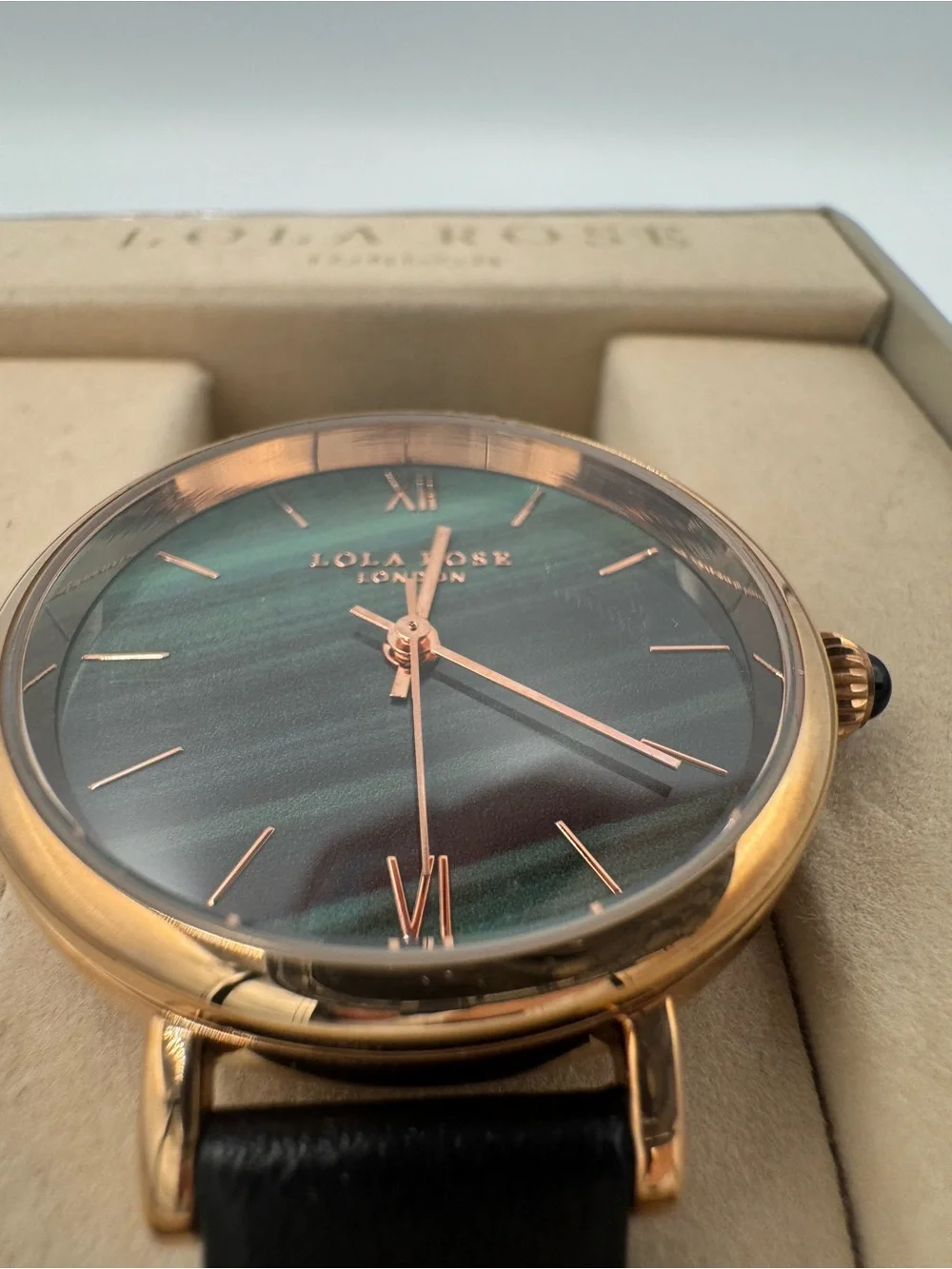 Beautiful Lola Rose Green Dial/ Rose Gold Roman Numeral & black leather strap